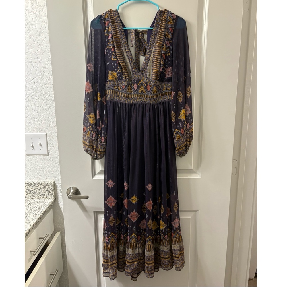 Rare Free People Wishing Well Metallic Lurex Boho Printed Midi Dress Small - Picture 5 of 10